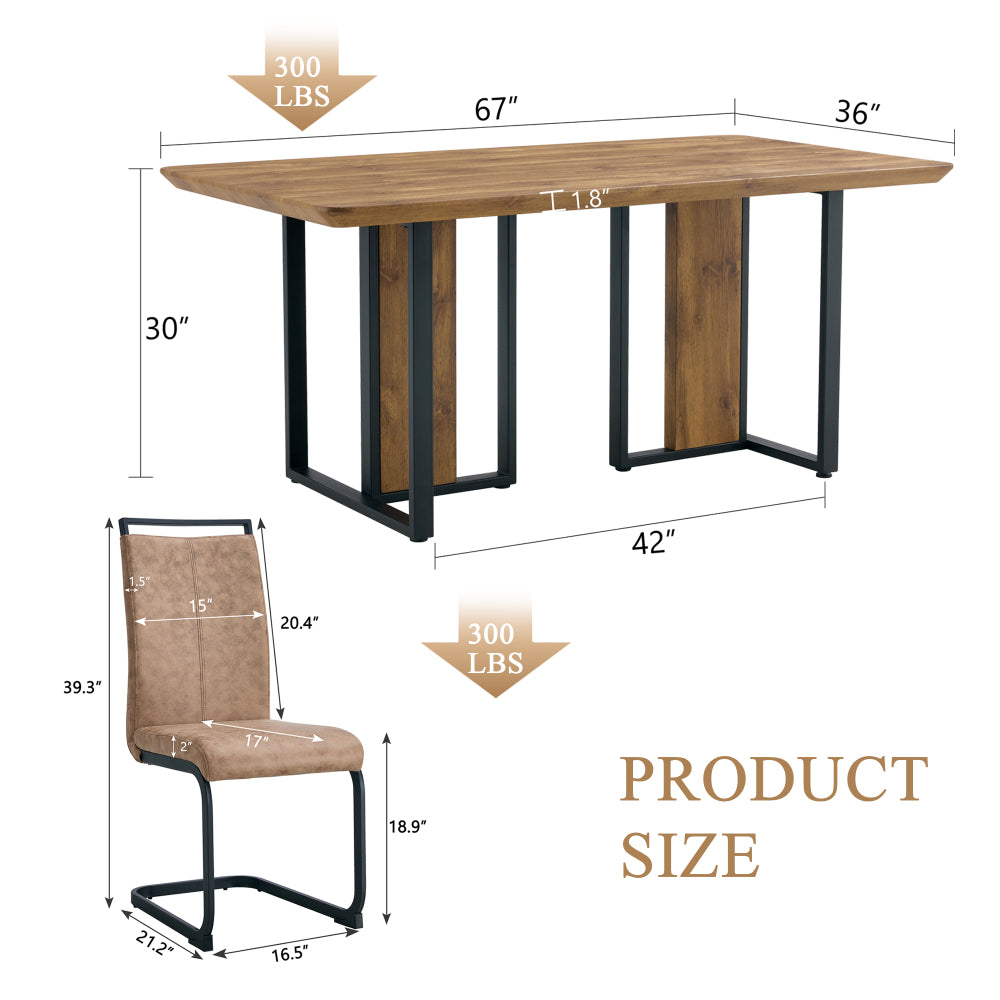 Table and chair set.67"x36" Wood-Textured MDF Dining Table Set with 4 Brown Fabric Chairs.MDF sticker,Wood colored texture sticker,Black C-tube dining chair legs,Suitable for kitchen,Dining room,etc.