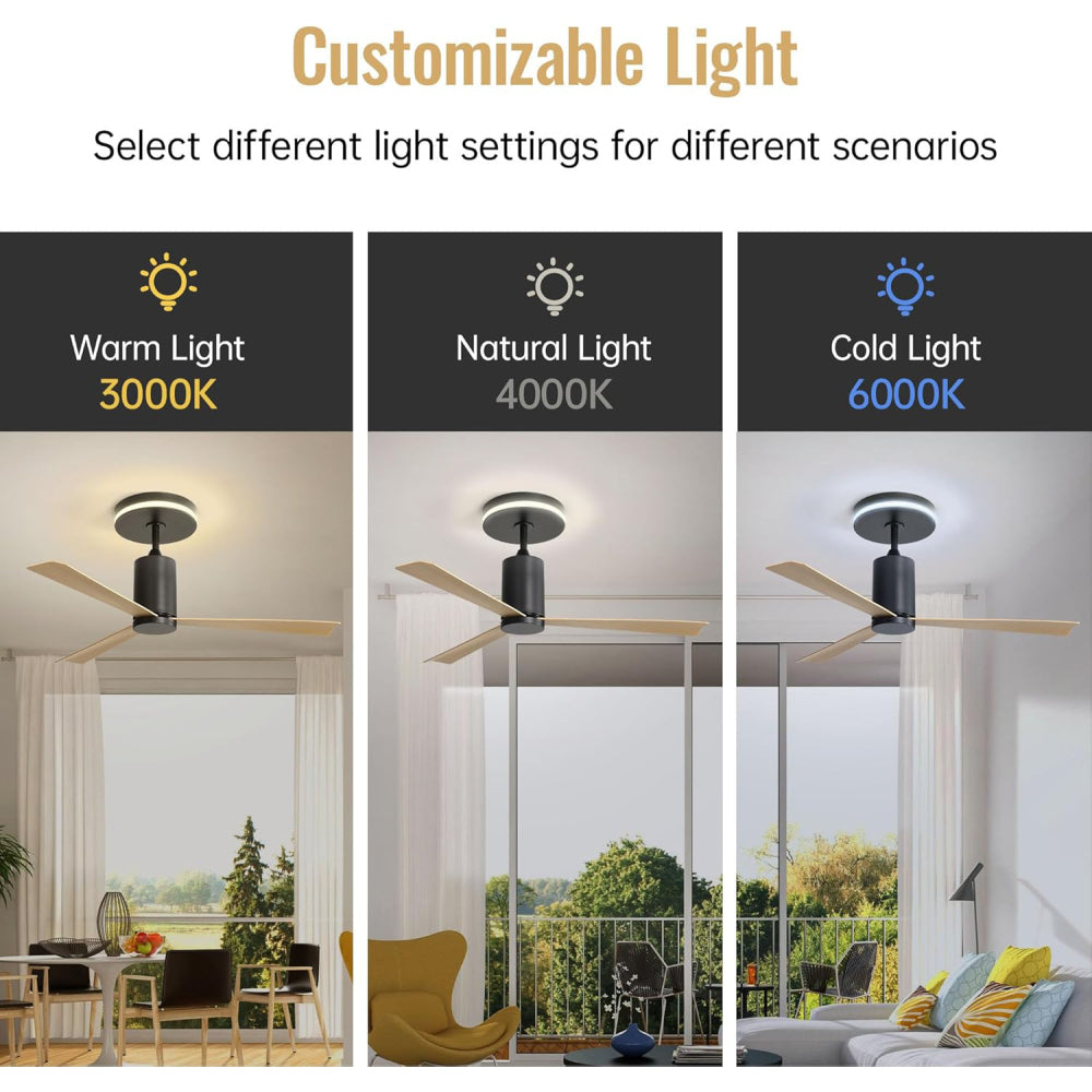 52 Inch Modern Flush Mount Ceiling Fan with led light and Remote Control, 3 ABS Blades Noiseless Reversible DC Motor for Patio Living Room