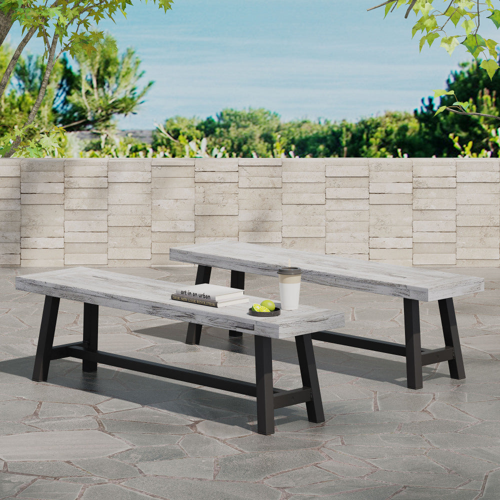 Outdoor Carlisle Benches, Sandblasted Brown + Rustic Metal (Set of 2)