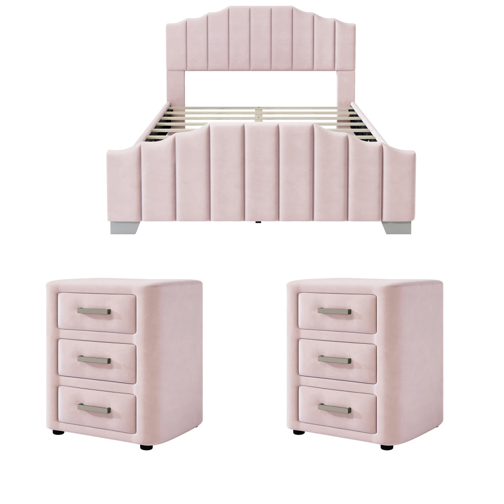 3 Pieces Bedroom Sets Queen Size Velvet Upholstered Platform Bed Vertical Channel Tufted Headboard and Two Three-drawer Nightstands,Pink