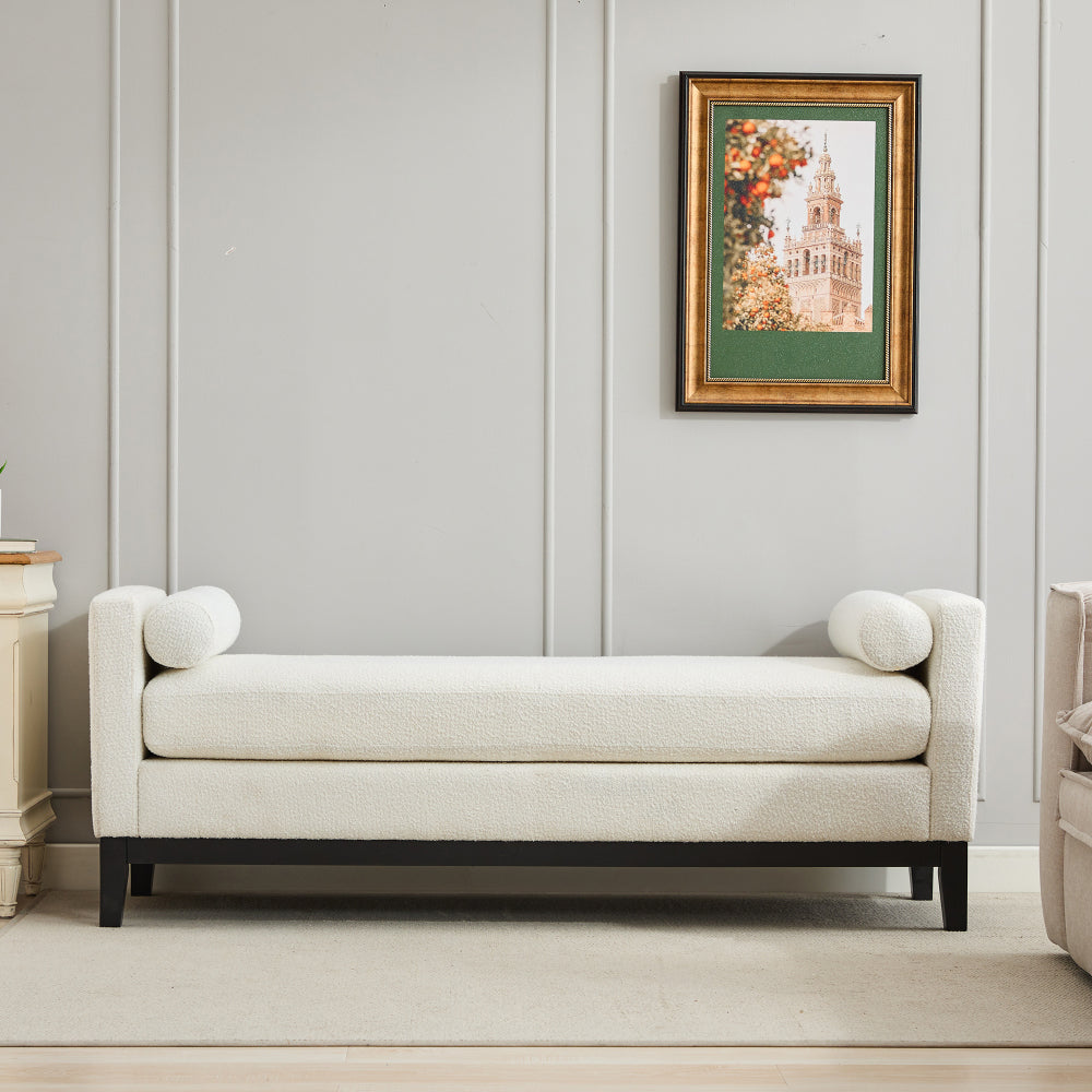 66.34"W Elegant Upholstered Bench,Daybed, Ottoman with Wood Legs & 2 Bolster Pillows for End of Bed, Bedroom, Living Room, Entryway,Ivory Boucle