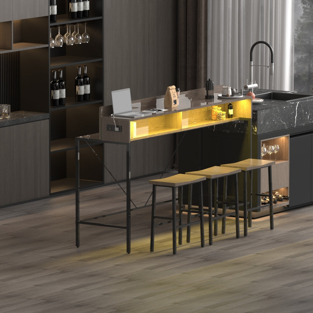 59 inch bar table, dining table, sofa table with power socket and LED light, 3 saddle stools, 4-piece bar table and chairs set for living room, dining room and kitchen