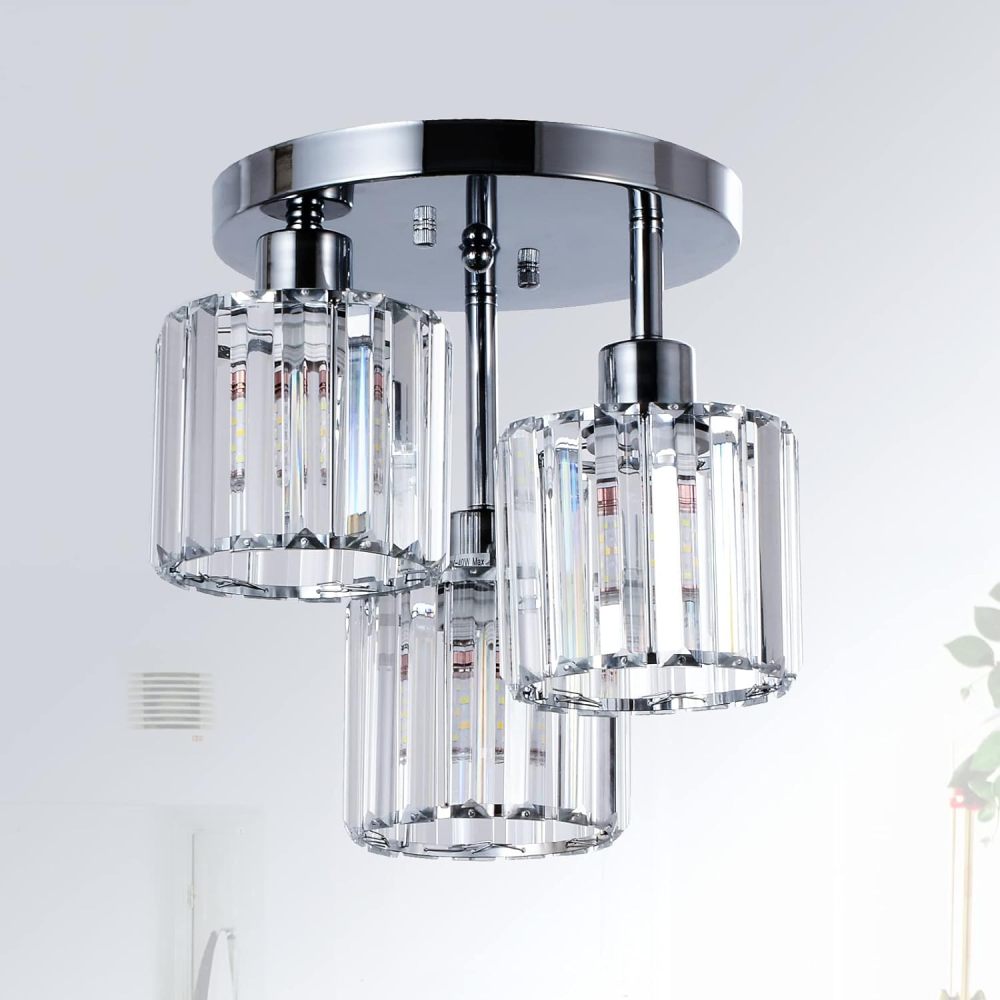 Modern Semi Flush Mount Ceiling Light,3-Light Crystal Close to Ceiling Light Fixtures,Golden Kitchen Light Fixtures with Clear Crystal Shade,Hallway Light Fixtures for Hallway Bedroom Bathroom