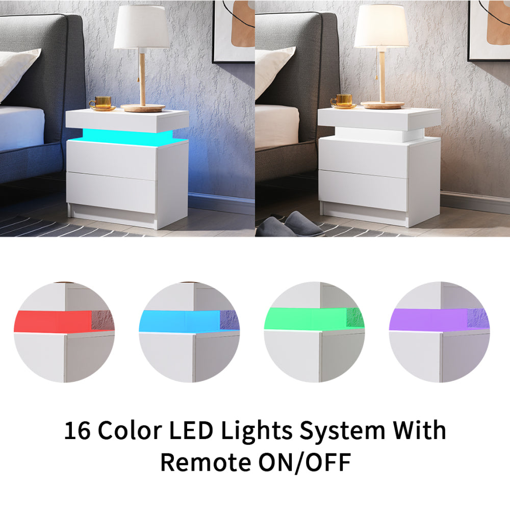 Nightstand LED Bedside Table Cabinet Lights Modern End Side with 2 Drawers for Bedroom (White)