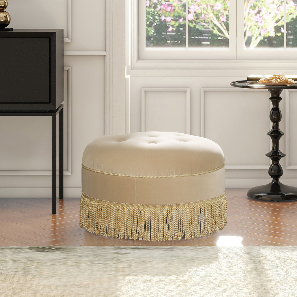 Yolanda 24" Round Upholstered Accent Ottoman, Peach Orange Velvet with Gold Trim