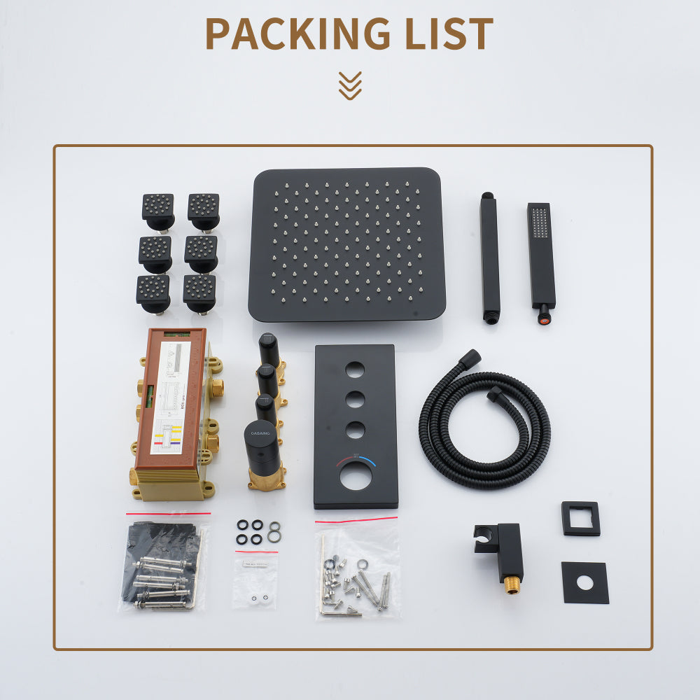 3 Functions 12 Inch Ceiling Mounted Thermostatic Shower System in Matte Black