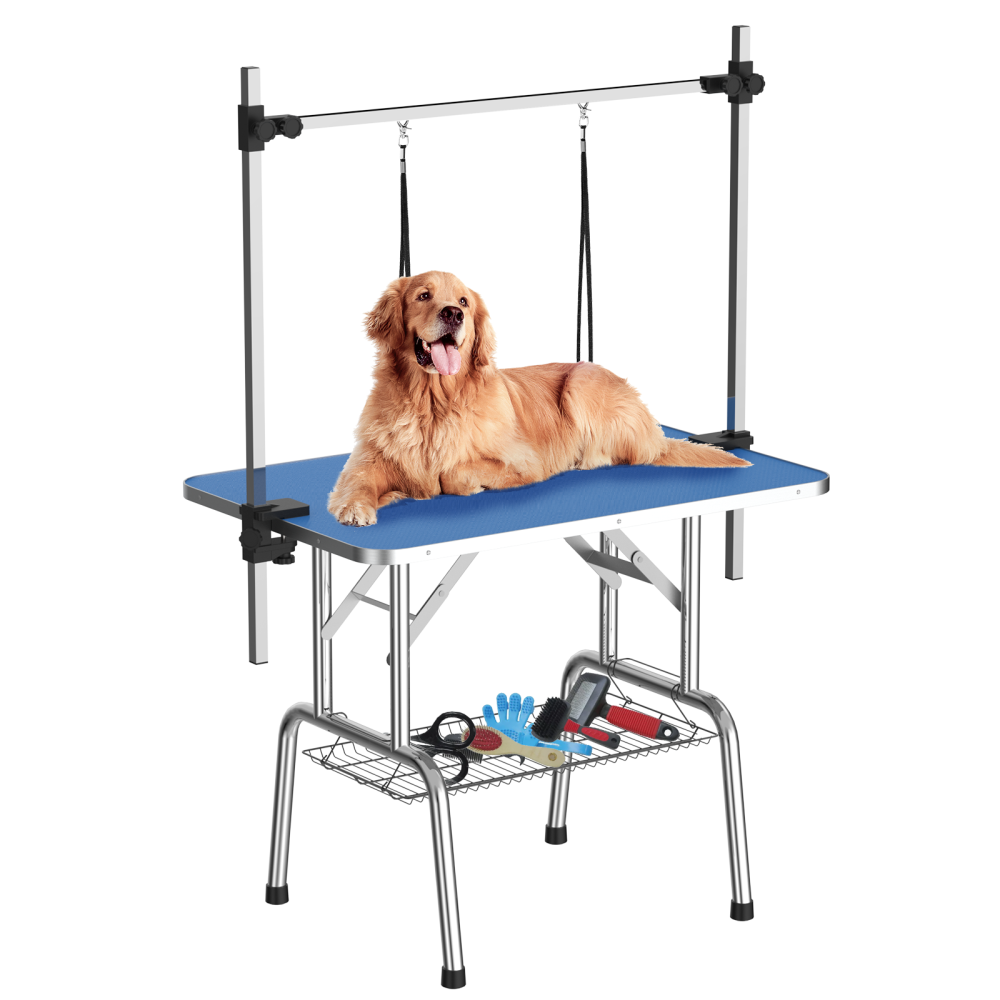 42 Inch Foldable Dog Grooming Table for Home with Adjustable Arm, Noose, Non-Slip Surface, and Storage Mesh Tray