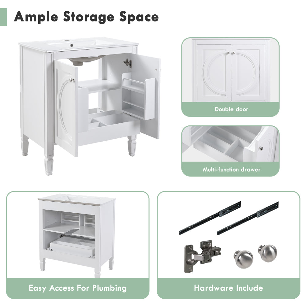 30" No Assembly Needed Vintage White Bathroom Vanity with Ceramic Sink,Two Soft-Close Doors & Adjustable Shelf,Modern Farmhouse Style
