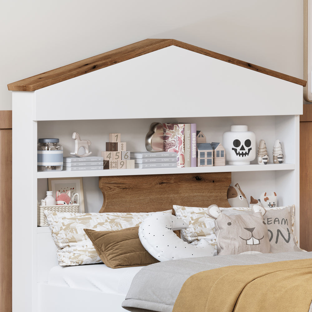 3-Pieces Bedroom Sets, Twin Size House-Shaped Wooden Bed with Storage Drawers, Nightstand with Colorblock Design and House-shaped Stroage Rack, Brown+White