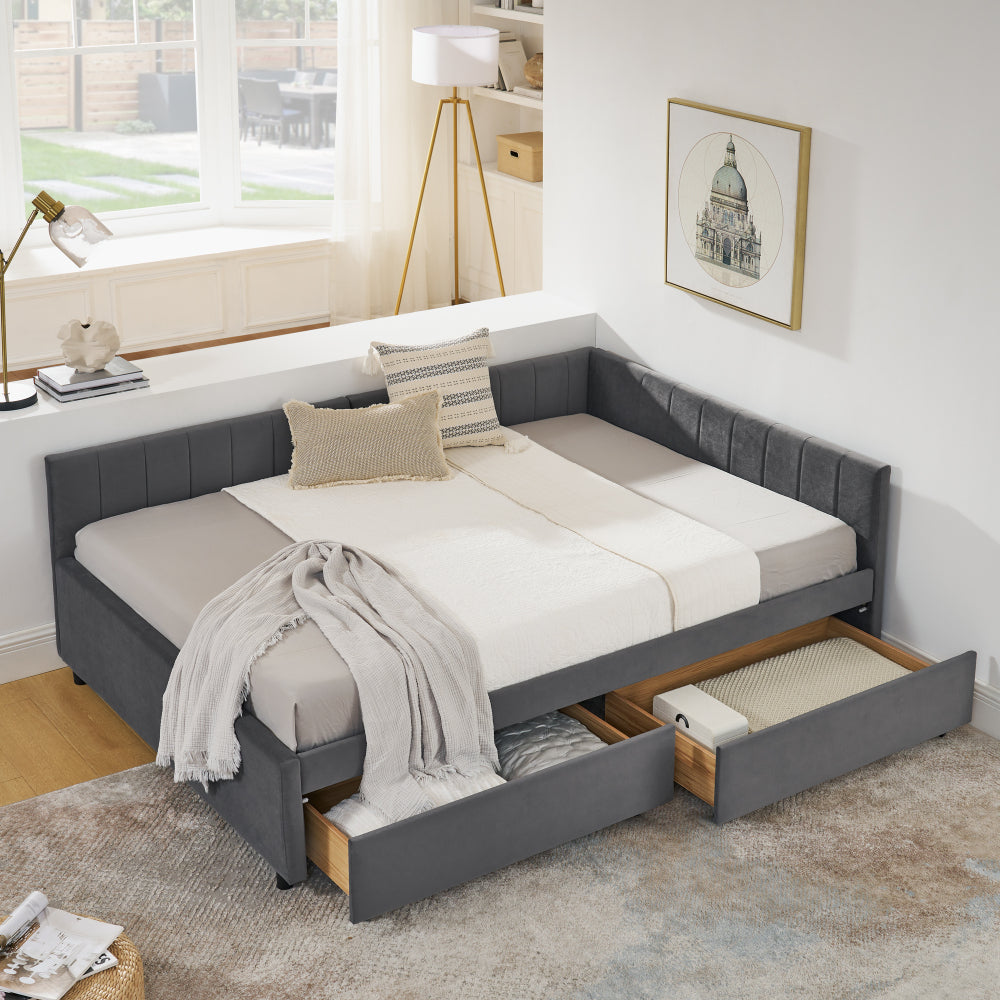 Full Size Upholstered Tufted Bed Frame with Two Drawers, Sofa Bed Frame with Comfortable Backrest and Armrests, Velvet, Black(79.5''x58''x25'')