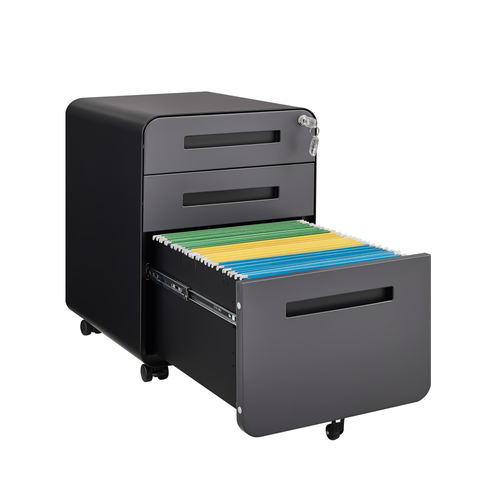 Rounded 3 drawer mobile filing cabinet, simple style multifunctional legal/letter/A4 file storage cabinet, 5-wheel design with anti tilt cold-rolled steel material