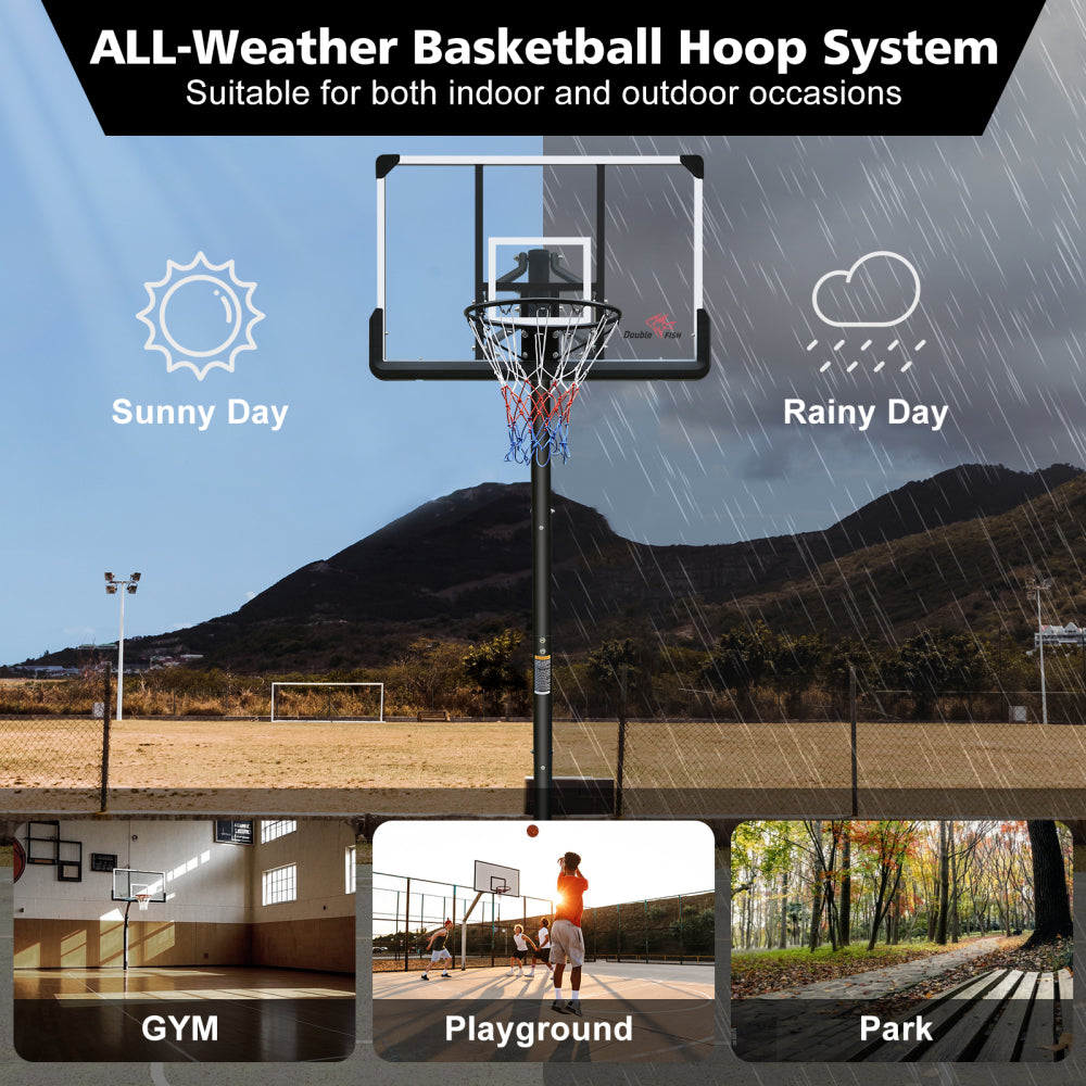 DOUBLE FISHUse for Outdoor Height Adjustable 7.5 to 10ft Basketball Hoop 44 Inch Backboard Portable Basketball Goal System with Stable Base and Wheels