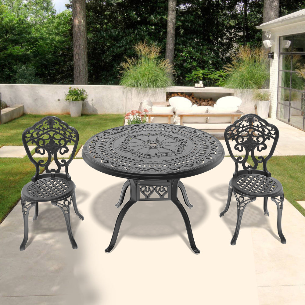 Ø39.37-inch Cast Aluminum Patio Dining Table With Black Frame and Umbrella Hole