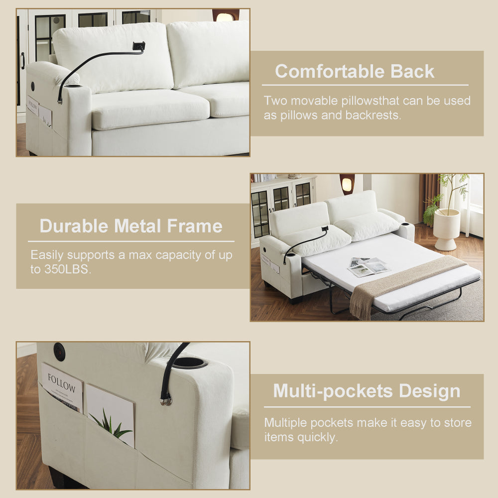 Pull-out sofa bed, chenille material, pull-out queen sofa bed, with USB charging, mobile phone holder, memory sofa, removable and washable cushions, suitable for living room, bedroom, apartment, white