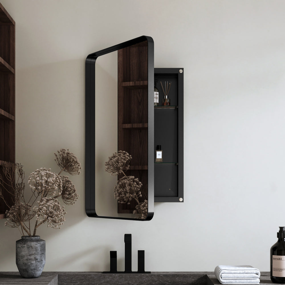 31.5 Inch Surface Mount Round Metal Framed Medicine Cabinet with Mirror and Adjustable Shelves Black Wall Mirror with Storage for Bathroom, Matte Gold
