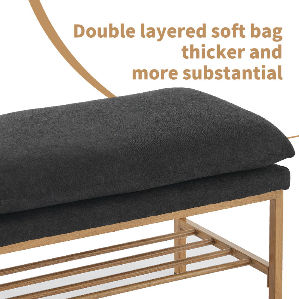 End of Bed Bench with Shelf, Linen Upholstered Storage Shoe Bench, Modern Bedroom Bench with Metal Legs for Living Room, Entryway, Dining Room, 300 LB, Linen Color(Black)