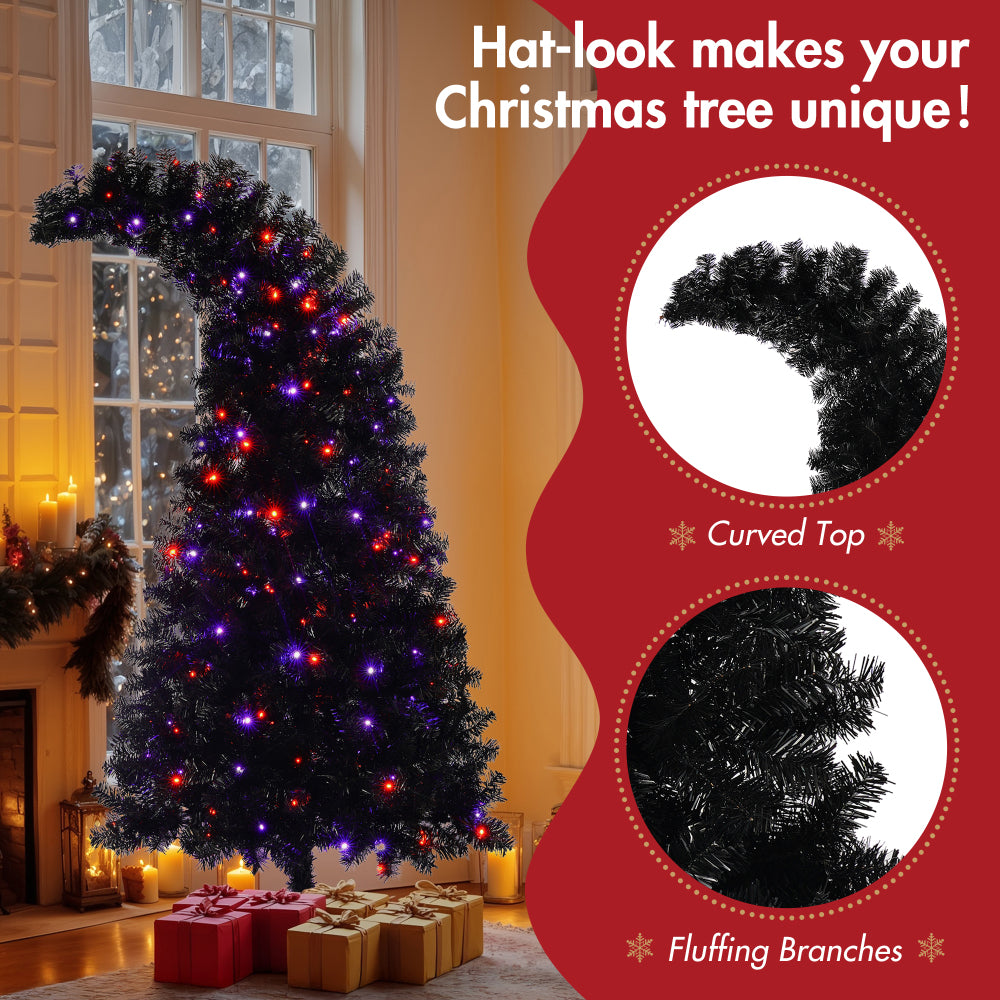 6FT Artificial Christmas Tree with LED Light, Pre-Lit Curved Shape Artificial Whimsical Xmas Tree with 900 Tips, Black Christmas Tree