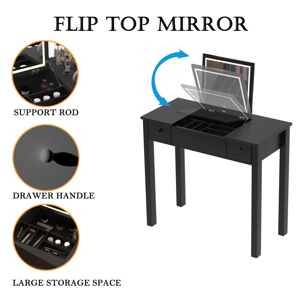 Multifunctional Vanity Desk with 3-Level Adjustable Lighting with Flip-top Mirror & Storage 15.75" Deep Makeup Table 2 Drawers & 3 Removable Organizer Boxes Compact Home Office Desk Black