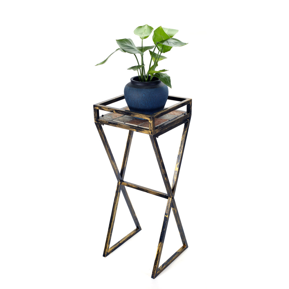 35.5" Gray Stone Slab Black / Gold Metal Plant Stand