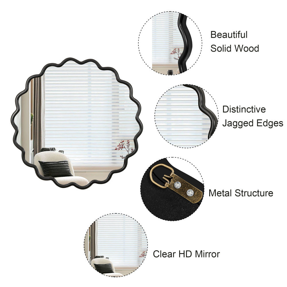 Solid Wood Wavy Mirror-Black Vanity Mirror Wall Decor 36" x 36" Modern Mirror Wall Decor for Bathroom, Bedroom, Living Room, Dining Room, Cloakroom, Entryway
