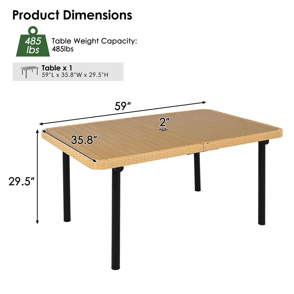 59" Outdoor Patio Dining Table, Polywood Tabletop with Umbrella Hole, Iron Legs, Rectangular Dining Table for Garden, Backyard, Porch