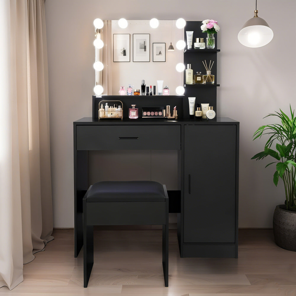Vanity Desk with Mirror and Lights, Makeup Vanity with 2 Drawers and 6 Storage Shelves, 3 Lighting Modes Adjustable Brightness, Dressing Table with Power Outlet & Cushioned Stool for Bedroom, White