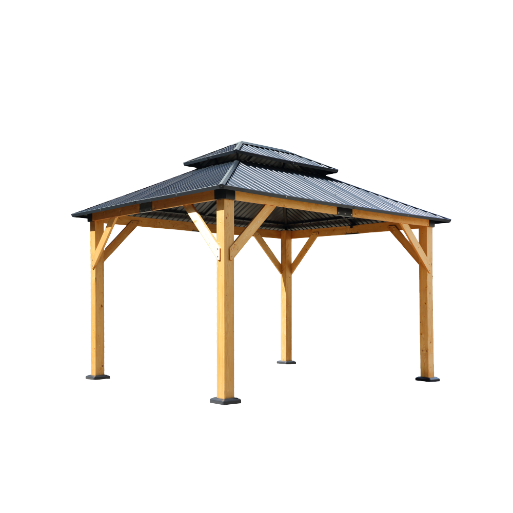Fir Wood Carport Pavilion Gazebo, Wooden Coated steel Frame Canopy with Steel Double Roof, Outdoor Permanent Metal Pavilion with Netting for Patio