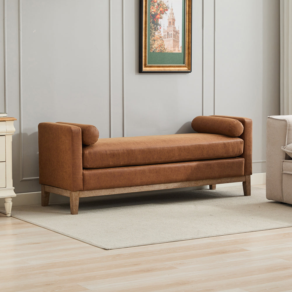 66.34"W Elegant Upholstered Bench,Daybed, Ottoman with Wood Legs & 2 Bolster Pillows for End of Bed, Bedroom, Living Room, Entryway,Ivory Boucle