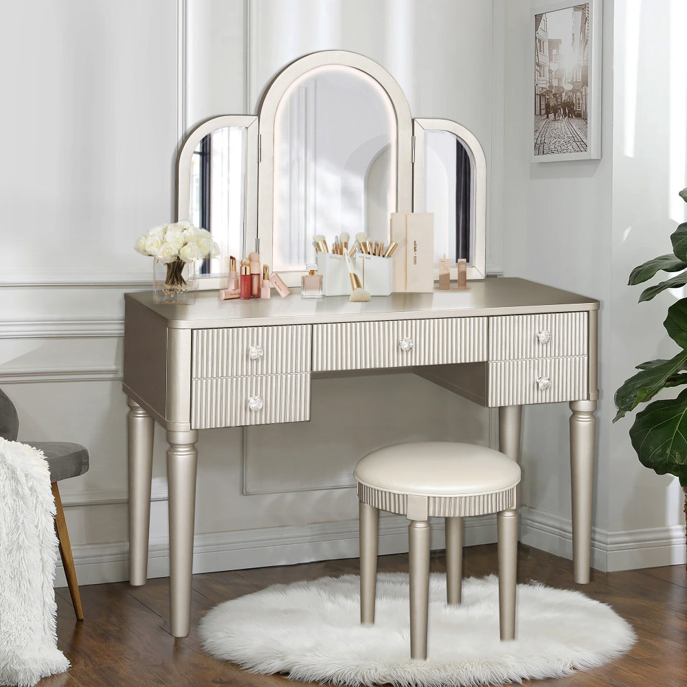 Mirrored Vanities Desk with Drawers, Bedroom Makeup Vanity Table Set with Mirror and Stool, Flip Up Dressing Table for Bedroom/Makeup Room, Working Desk for Women, Girl Furniture Combo