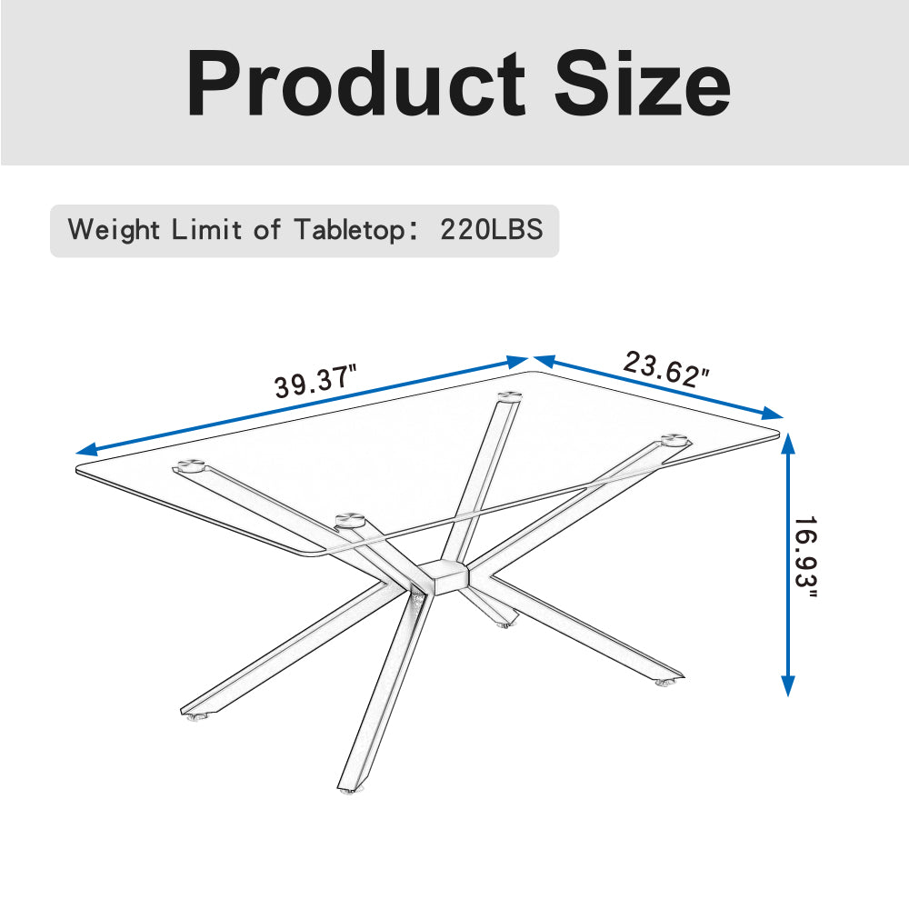 39.37" Rectangular Clear Tempered Glass Coffee Table,Stylish Design with Black Metal Legs, Coffee Table for Living Room