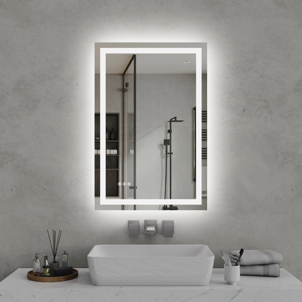 20"*28"LED Bathroom Mirror,Front-Lit and Back-Lit, Stepless Dimmable, 3 Colors CRI90+, Brightness Memory, Shatter-Proof,Anti-fog LED Vanity Mirror, IP44 Waterproof