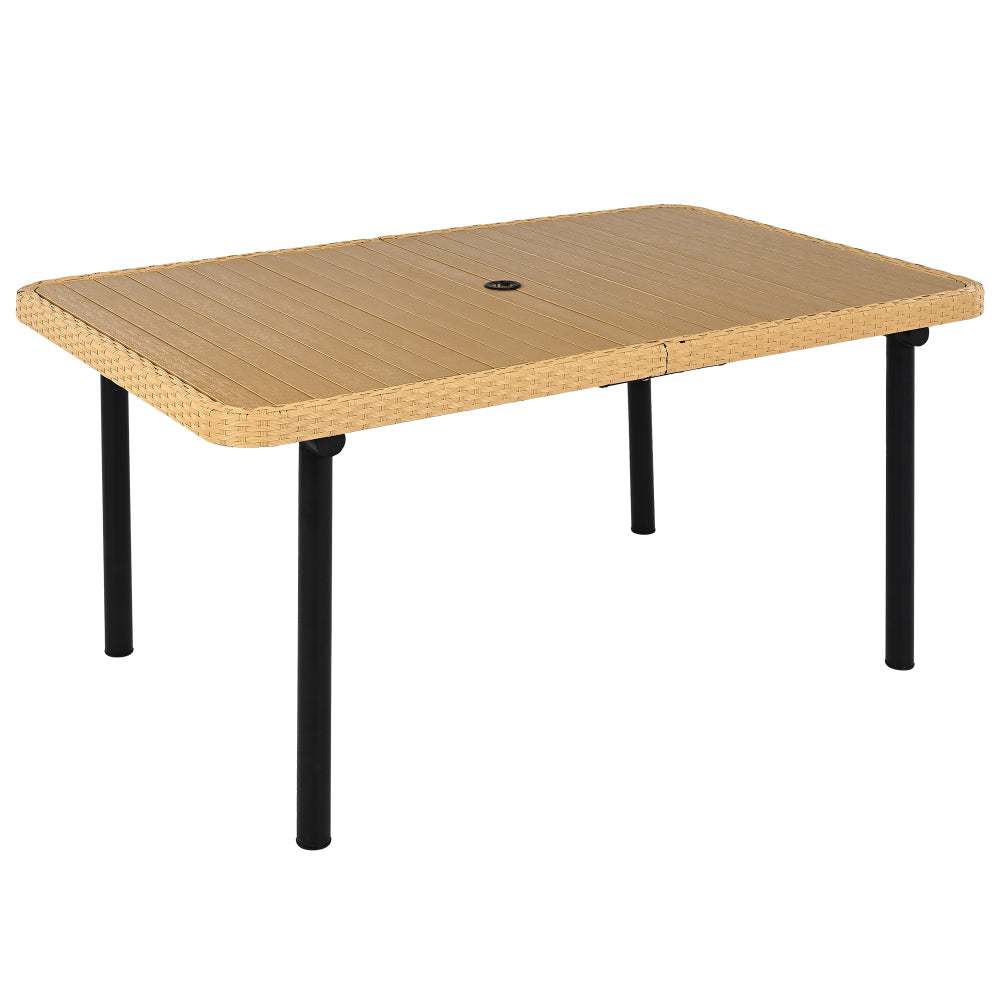 59" Outdoor Patio Dining Table, Polywood Tabletop with Umbrella Hole, Iron Legs, Rectangular Dining Table for Garden, Backyard, Porch