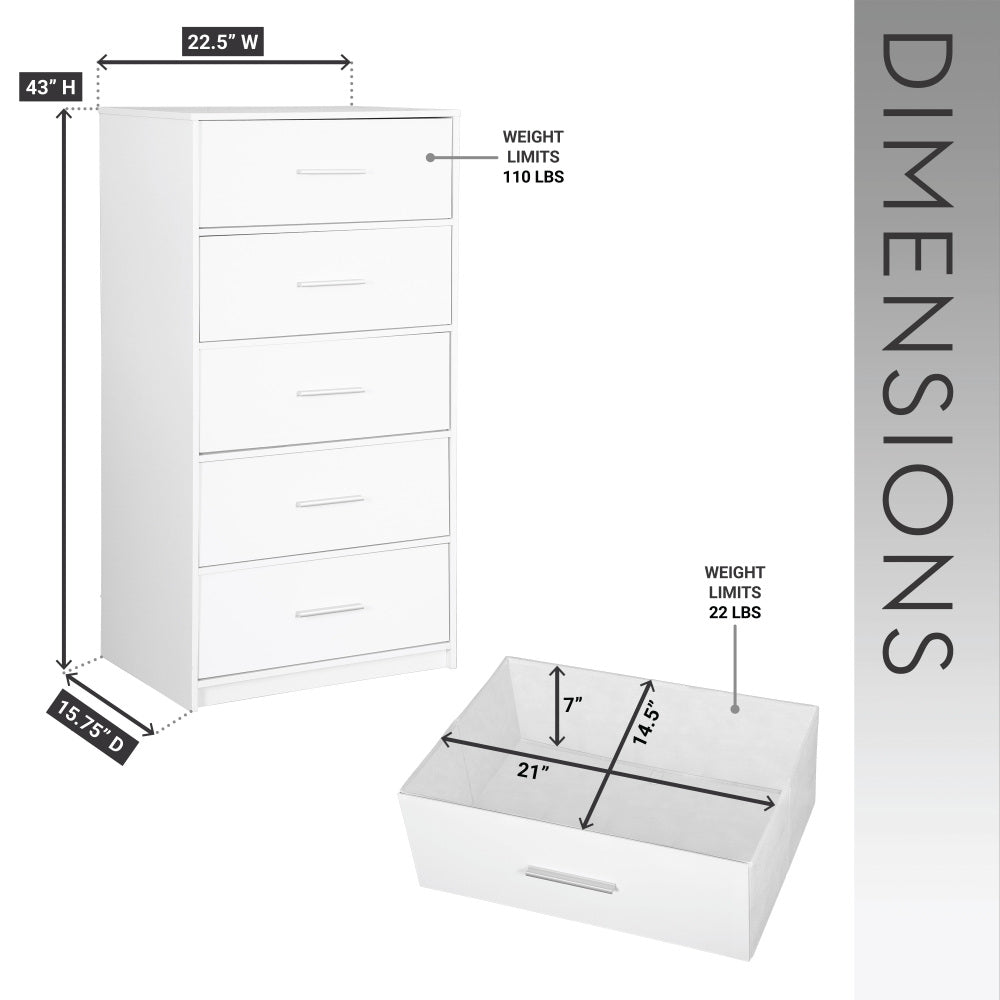 5-Drawer Dresser with Large Fabric Drawers, White