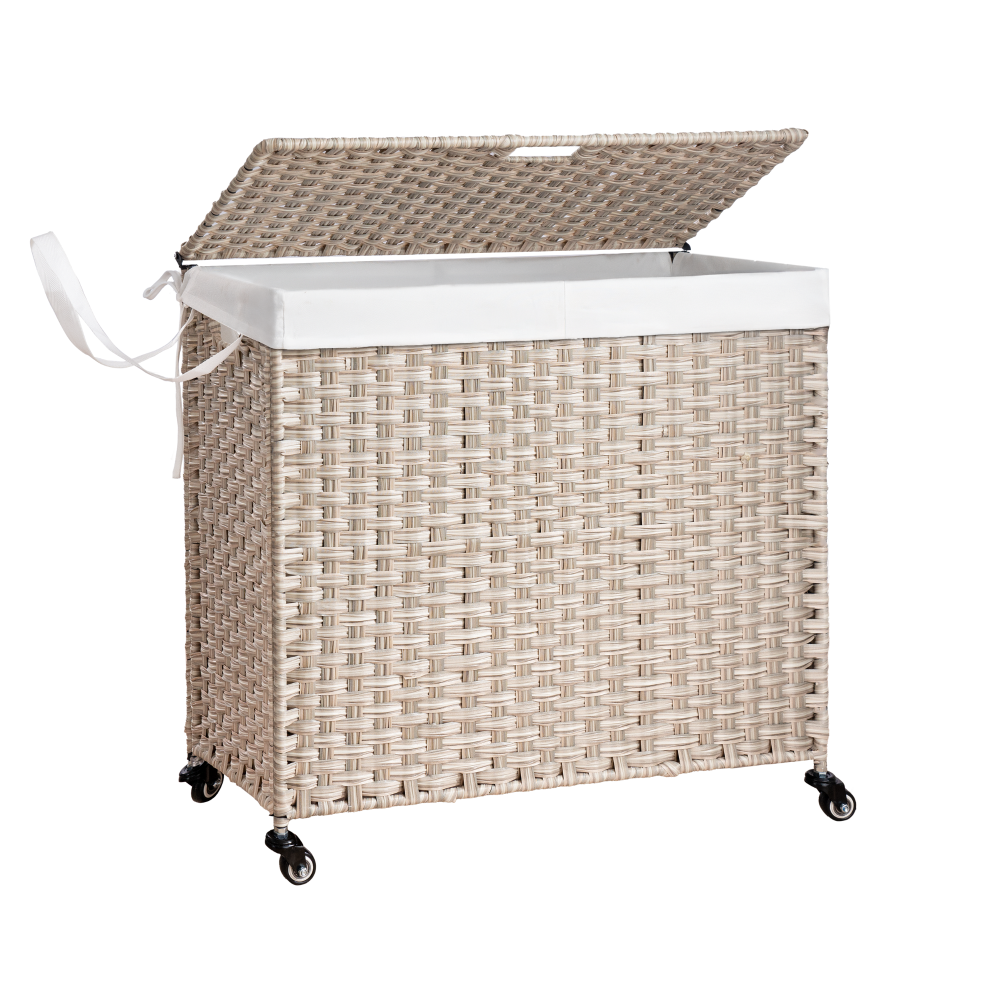 Laundry Hamper With Lid PE Rattan Powder Coating Frame Clothes Hampers with 01 Removable Bags, 100L, Gray Color