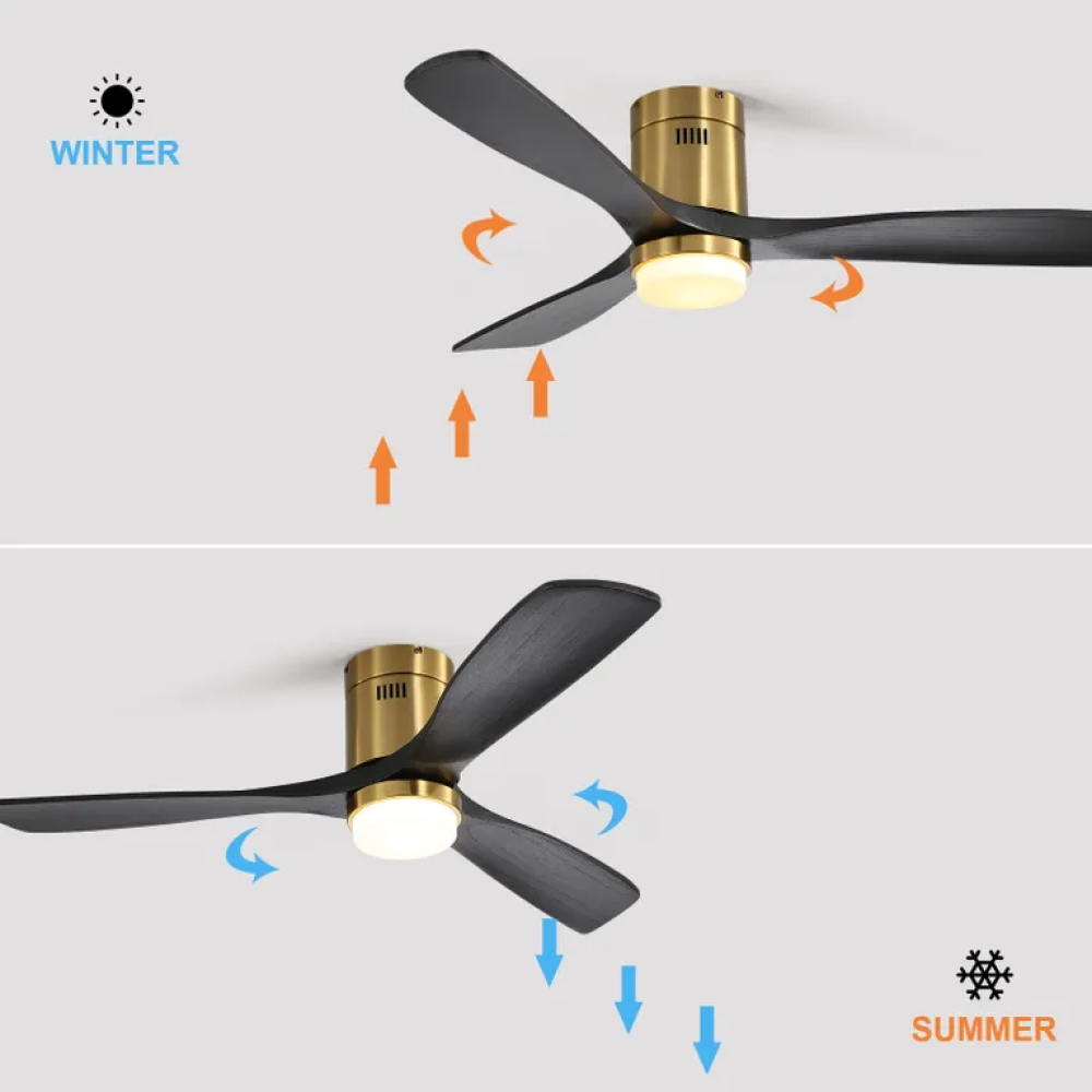 52 Inch Flush Mount Ceiling Fan With 3 Solid Wood Blades Remote Control Reversible DC Motor For Living Room