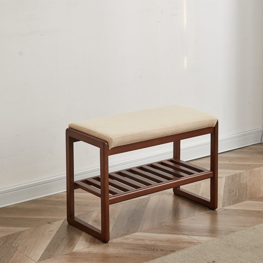 Natural Solid Wood Shoe Bench, Beech Wood Storage Rack Organizer with High Rebound Sponge Cushion