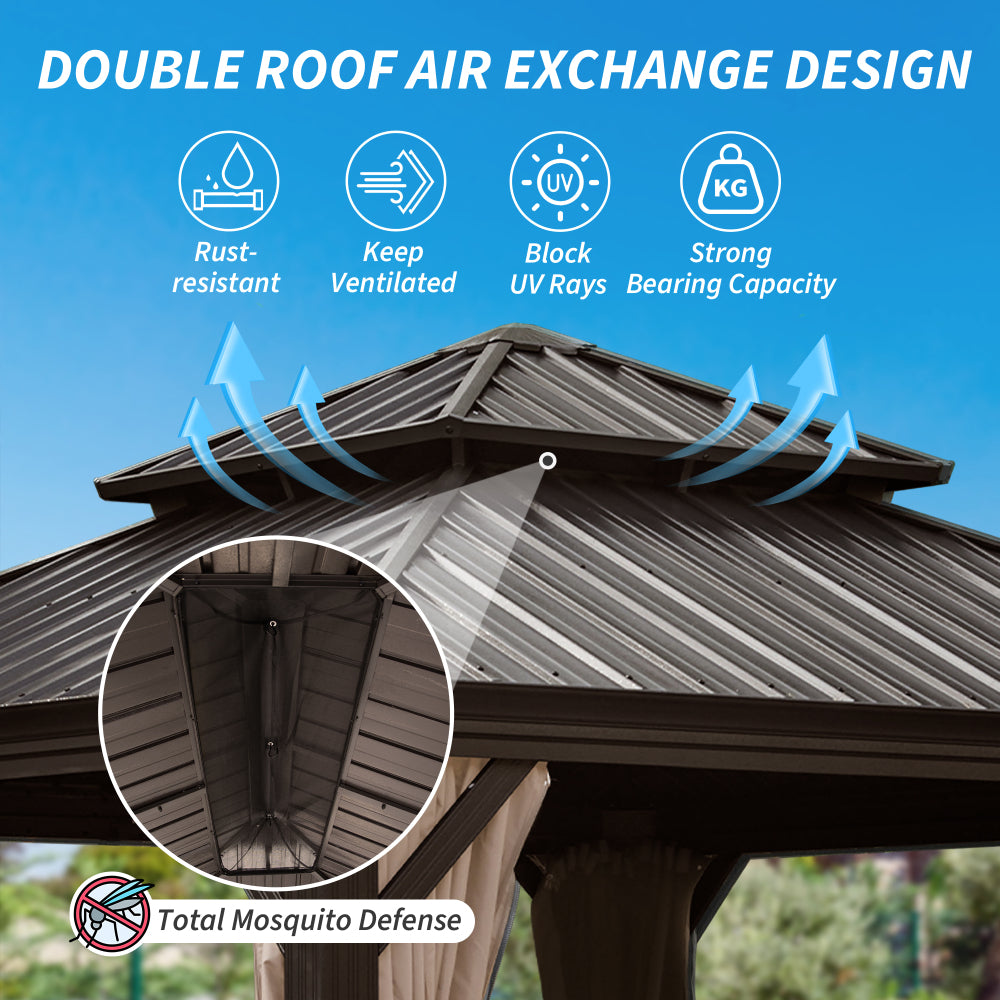 12' X 12' Hardtop Gazebo, Upgraded Metal Gazebo with Drainage System, Dual-Layer Galvanized Steel Roof, Curtain and Netting, Outdoor Shelter Canopy for Patio, Garden, and Backyard, Brown