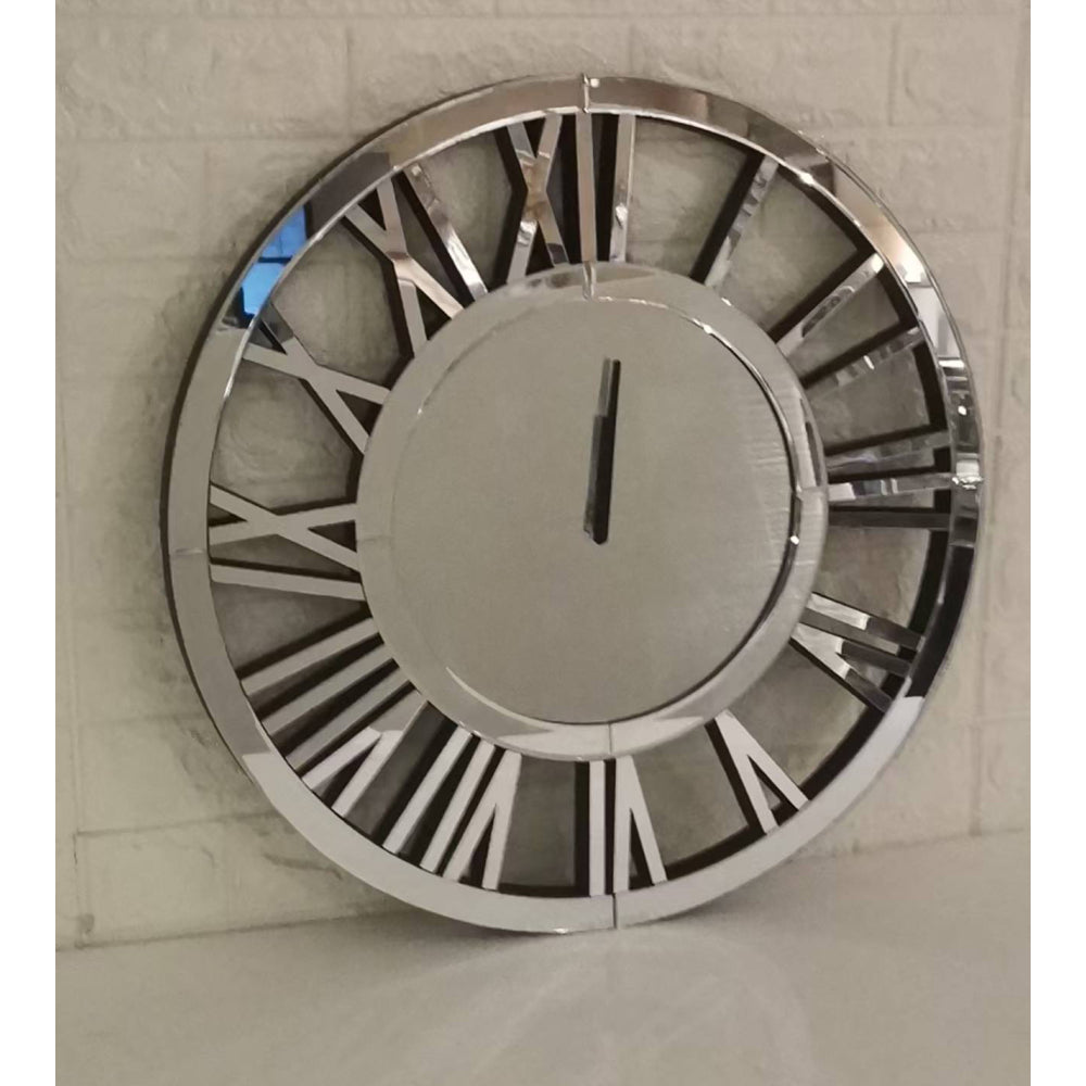 24" Large Wall Clock Decorative, Mirrored Wall Clock for Living Room Decor, Big Silver Modern Wall Clocks Decor, Hour and Minute Hand, Battery Operated