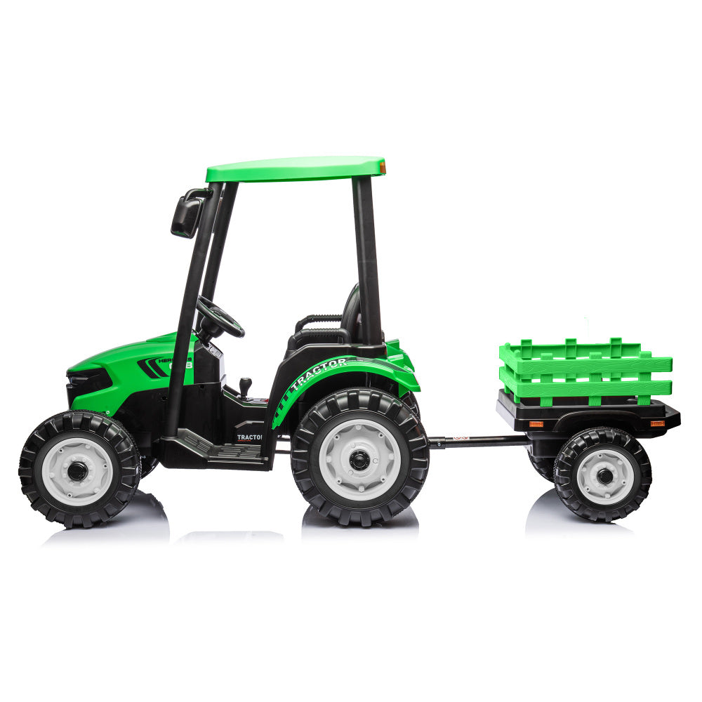 Pedal Tractors with Working Loader and Backhoe Digger, Kids' Ride on Car Toys 24V Battery Powered Electric Vehicles with Trailer, Digger for Toddlers (Green)