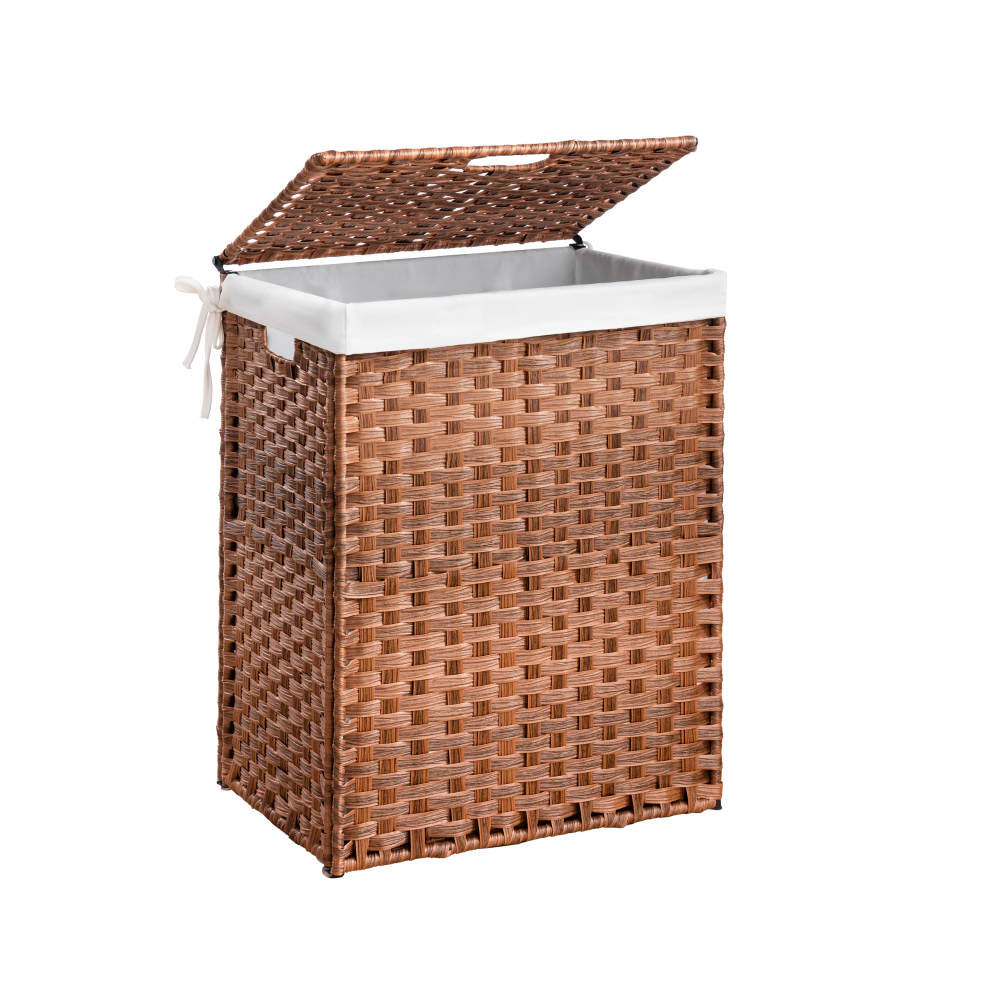 Laundry Hamper With Lid PE Rattan Powder Coating Frame Clothes Hampers with 01 Removable Bags, 100L, Gray Color
