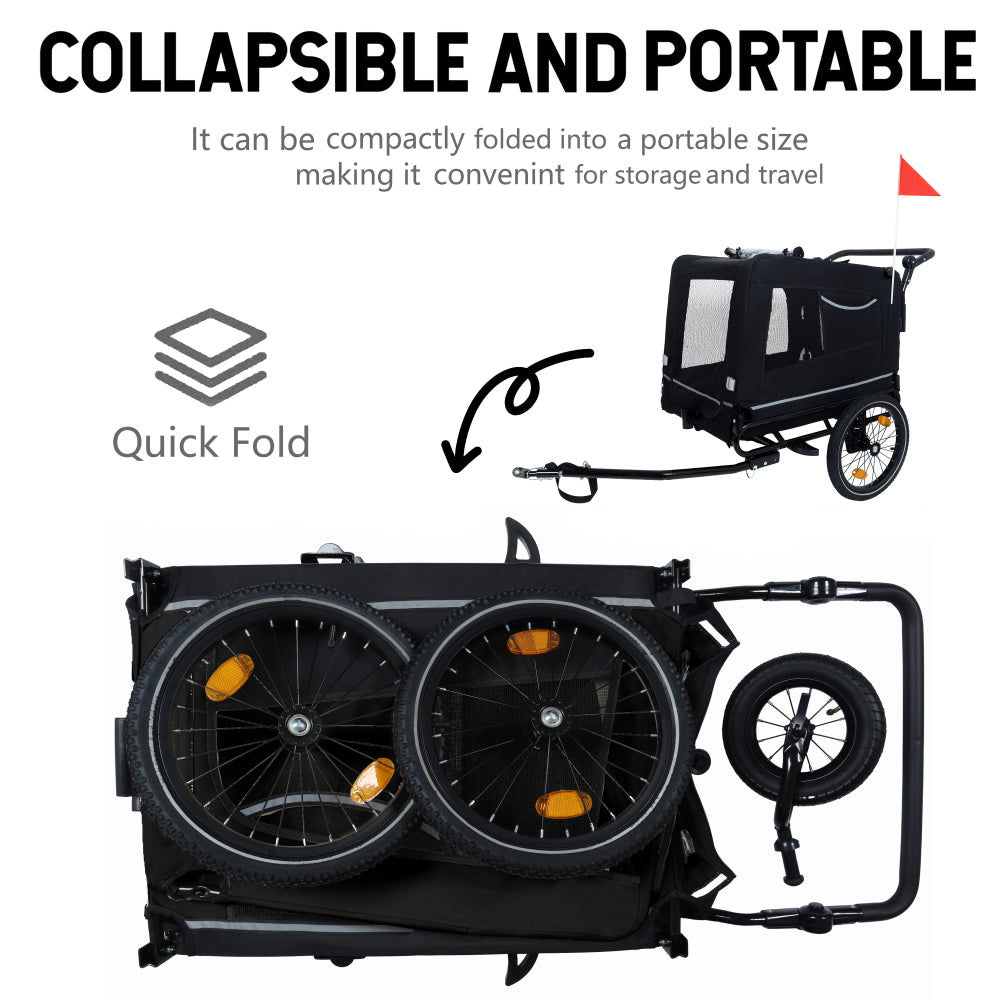 2-in-1 Bike Trailer & Push Cart for Pets - Detachable Bike Hitch & Push Handle Included - All-Terrain Wheels, Quick Release Wheel, Non-Slip Floor, Internal Leash, Holds Up to 88 lbs, Black