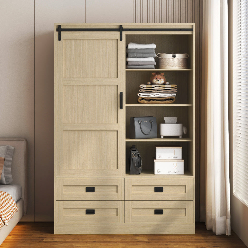 Tall Bedroom Armoire Wardrobe Closet Clothing Storage Cabinet with Hanging Rod Barn Door Drawers Open Shelves,White