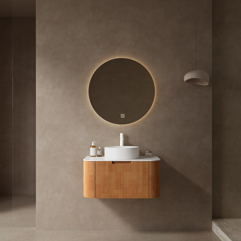 DINA 24" Bathroom Vanity with Sink, Wall-Mounted Floating Curved Edges Striped Bathroom Storage Cabinet with a Drawer, White Round Ceramic Basin without Faucet, Pre-assembled, Natural Woodgrain Color