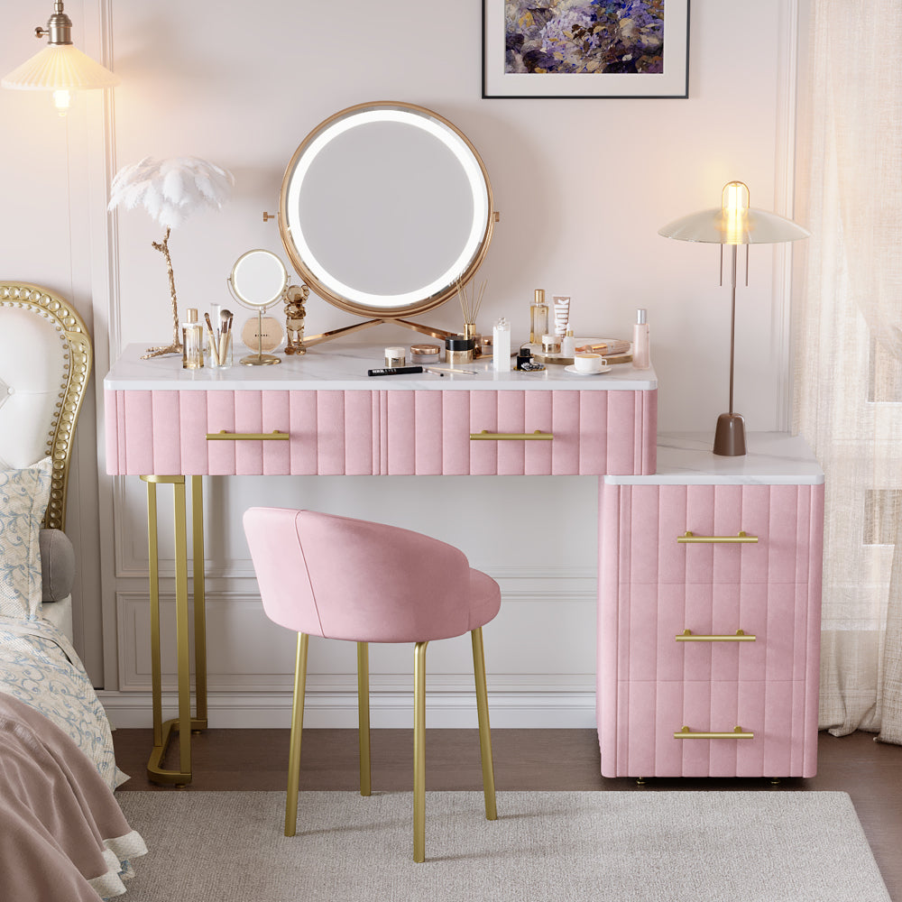 Velvet Upholstered Vanity Desk with Chair, Vanity Set with 5 Big Drawers, Makeup Table with Padded Chair, Marble-Look Sticker Top Dressing Table with Left/Right Adjustable Storage, Beige