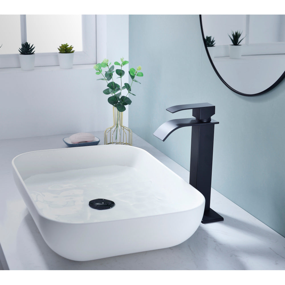 Waterfall Spout Bathroom Sink Single Handle Faucet with Pop-Up Drain (No Overflow)