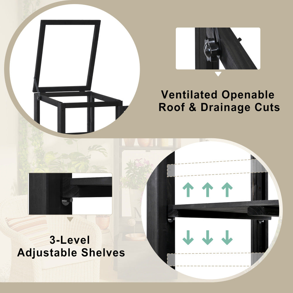 TOPMAX 62.4inch Height Wood Garden Greenhouse Balcony Portable Mini Cold Frame with Movable Storage Box and Adjustable Shelves for Outdoor Indoor Use, Black