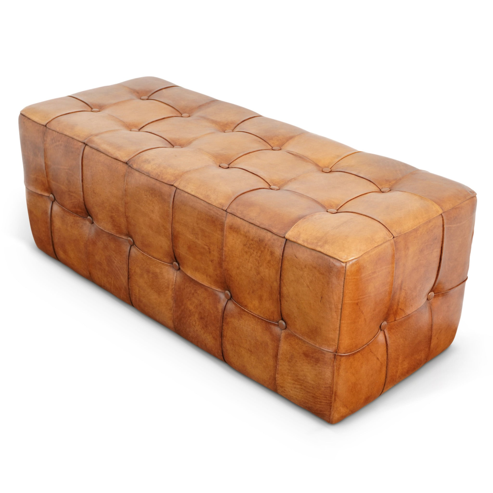 Benjiro Tan Leather Bench Ottoman Stool Leather Footstool Bench 17.7"H x 47.2"W x 19.7"D