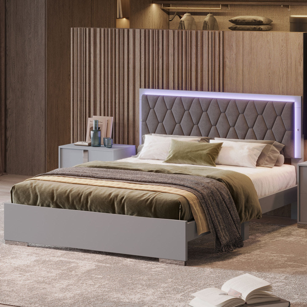 4-Pieces Bedroom Sets Queen Size Upholstered Bed with LED Lights, Mirrored Nightstands and Dresser with Metal Handles and Legs,Grey