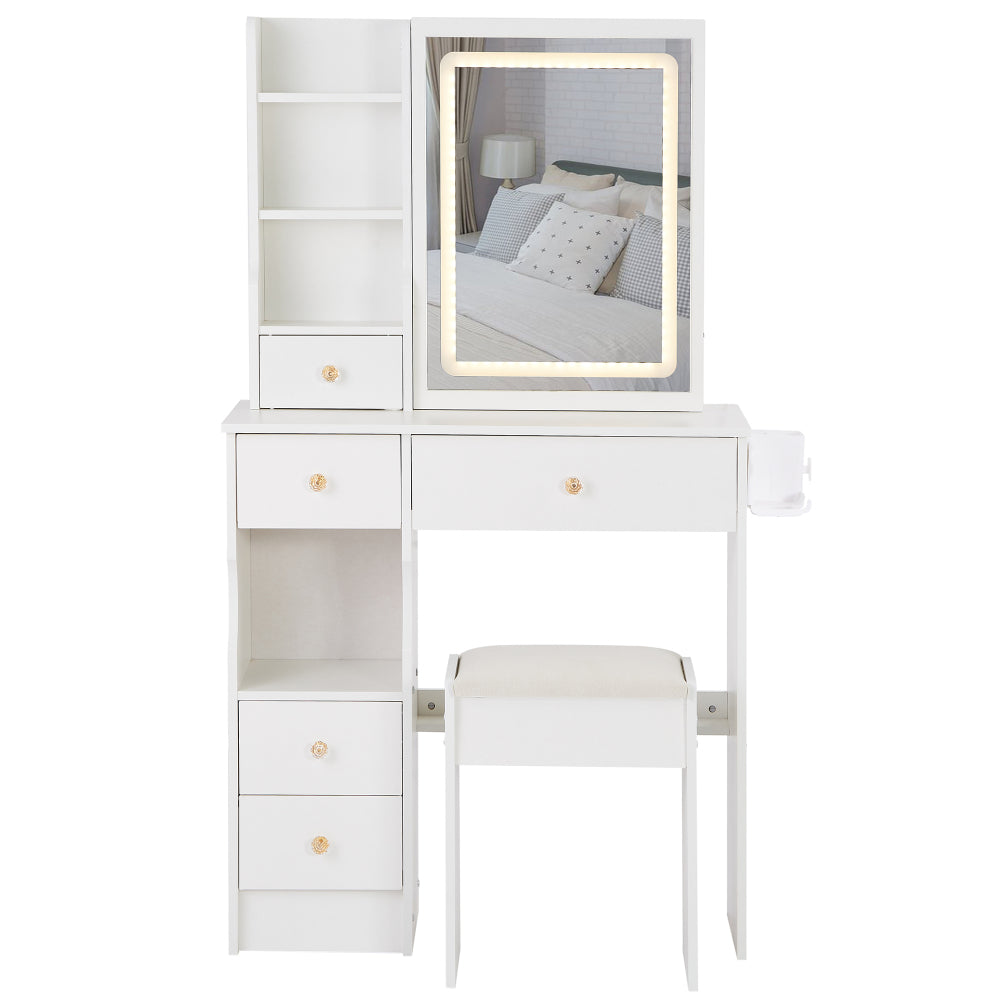 29.2" Small Size Left Drawer Desktop Vanity Table + Cushioned Stool, 2 AC+2 USB Power Station, Hair dryer bracket, Extra Large Touch Control Sliding LED Mirror, Tri-color Switching, Brightness Adjust