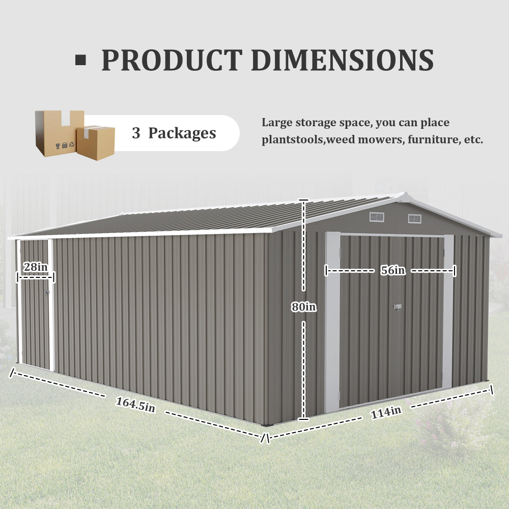 Campcraft Outdoor Storage Shed 10×14 FT with 3 Lockable Doors,Utility Tool Shed Metal Storage Garden Sheds Frame and 4 Vents,for Backyard,Patio,Lawn,Light Grey